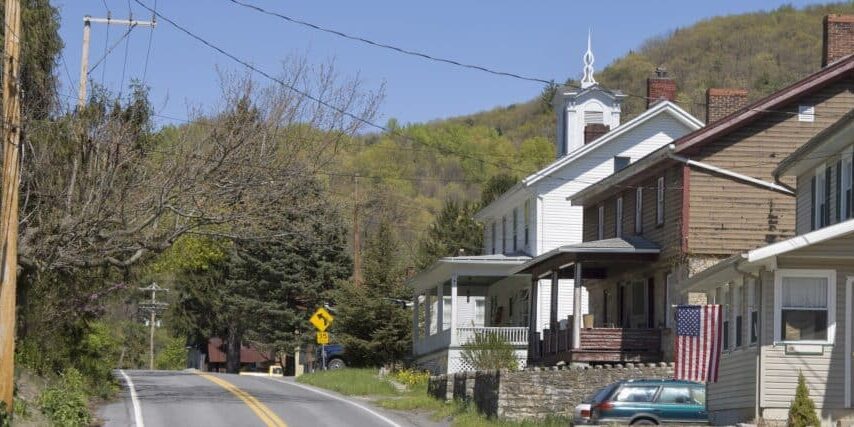 Small American village main street in the Pennsylvania Appalachian mountains.